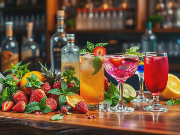 Colorful cocktails with citrus, fresh herbs, and bottles on a bar